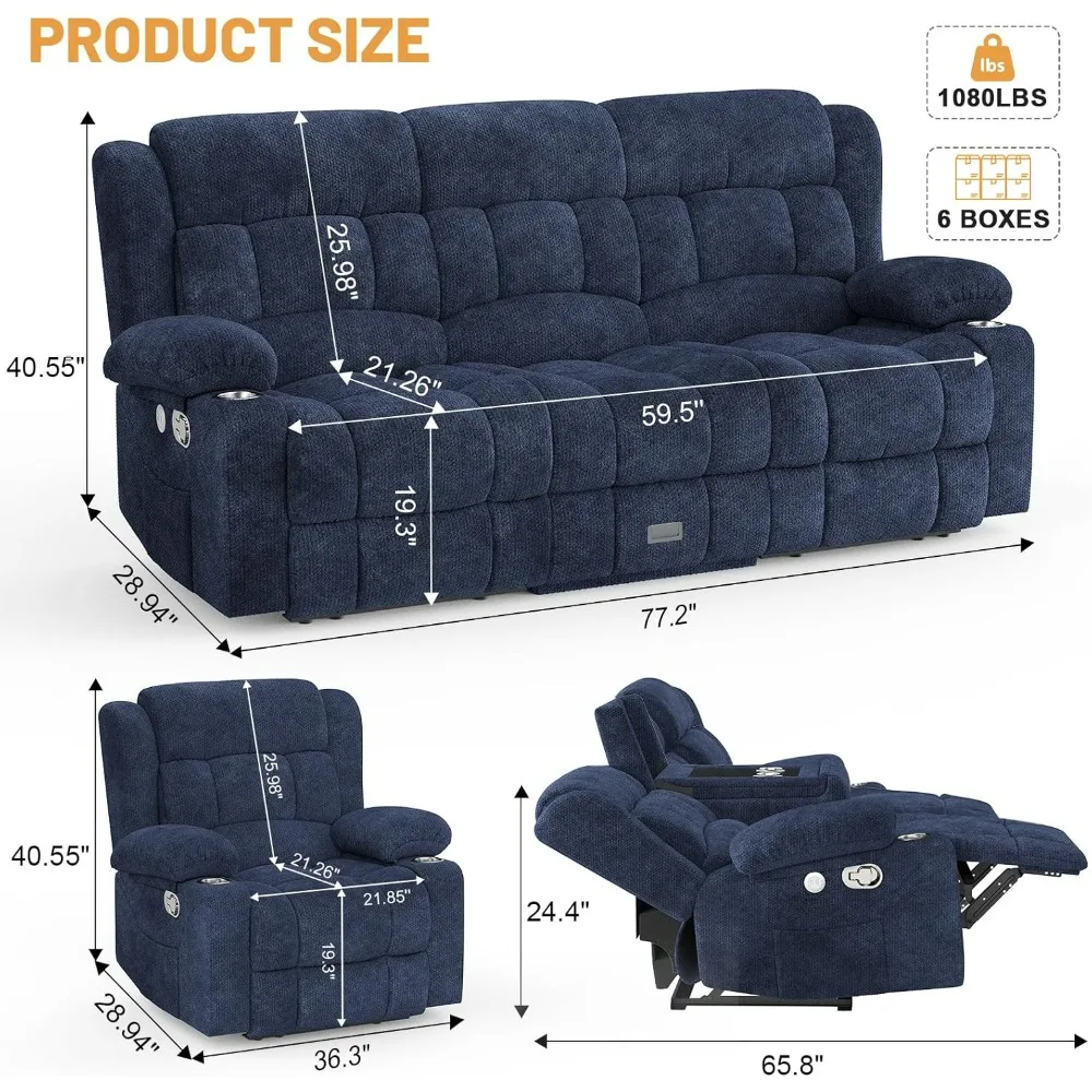 Loveseat Recliner Sofa Set, Flip Middle Backrest Design 3 Seater Reclining Sofa and Single Oversized Recliner Chair