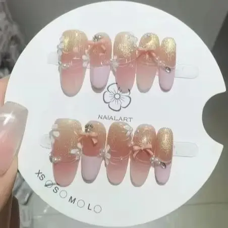 

10PCS Golden Glitter Gradient French Handmade Press on Nails 3D Bowknot Pearl Medium Oval Wearable Fake Nail Sweet Pink Gel Nail