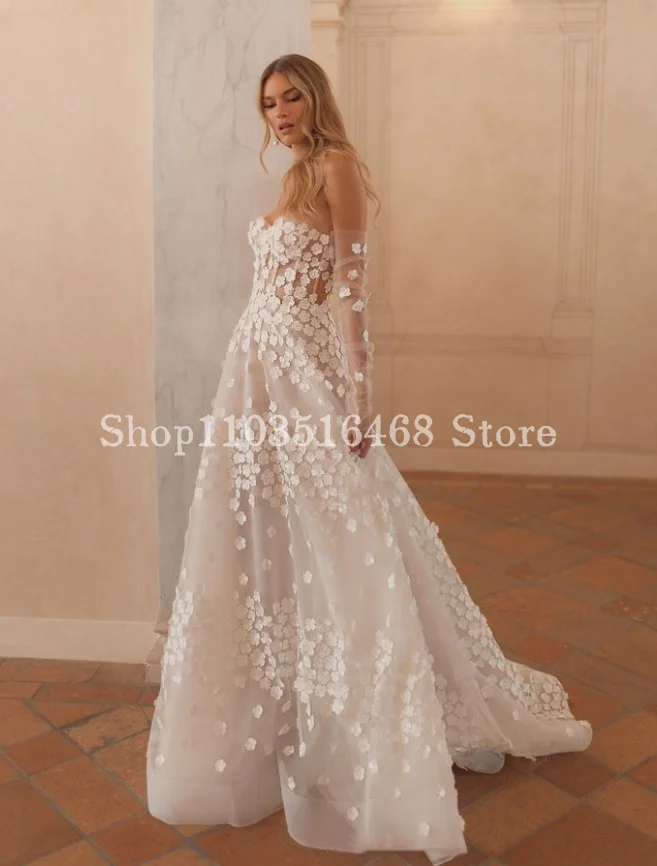 Elegant Sheath Wedding Dress 2024 Luxury White Applique Sheer Bohemian A-Line Custom Long Wedding Dress فساتين السهرة فخمه