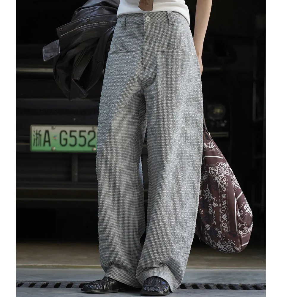 

Женские прямые широкие брюки в клетку с карманами и высокой талией, модные серые брюки, женская одежда, брюки