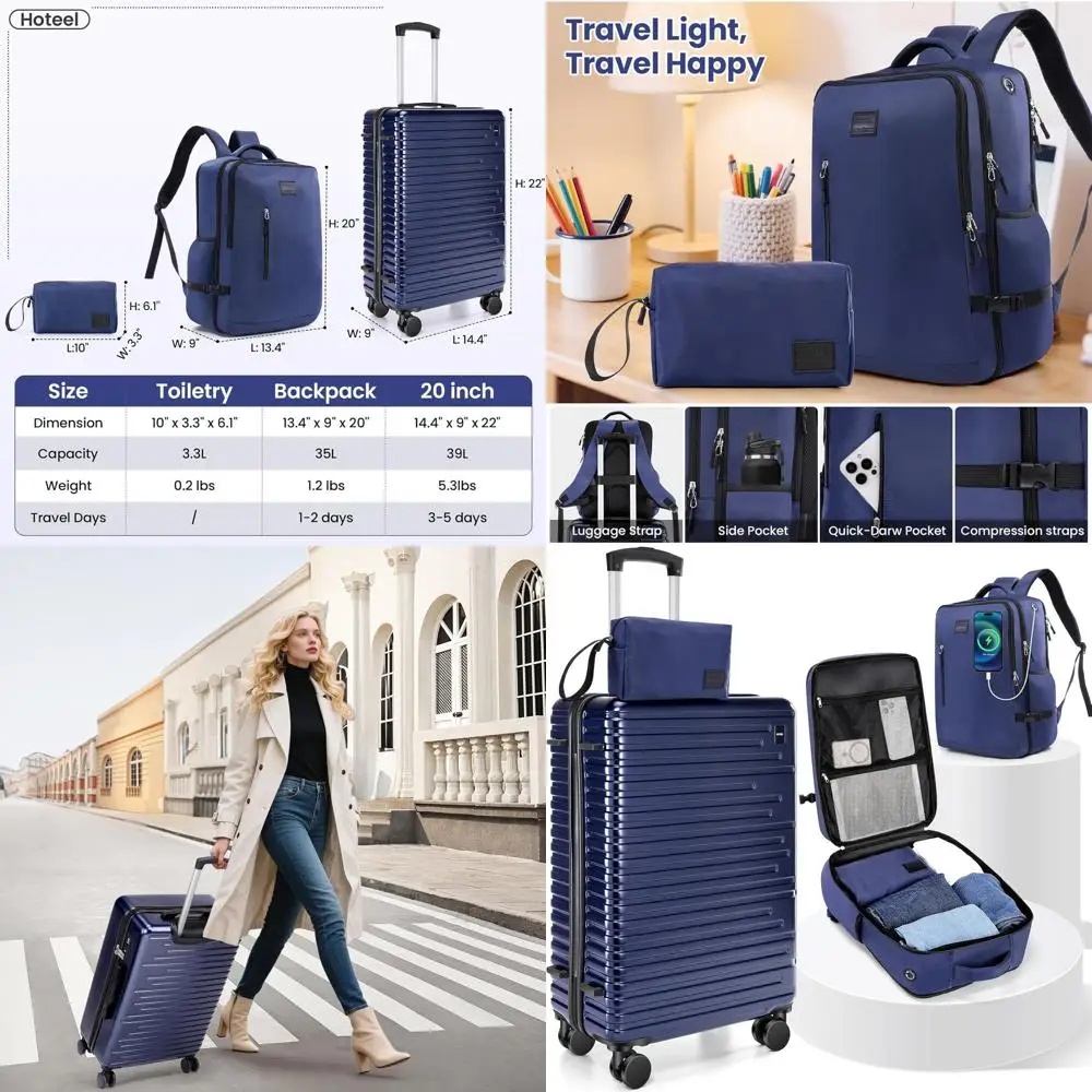 

Большой комплект багажа из 3 предметов с гарантией 4 года, твердый корпус из АБС-пластика + ПК, вращающиеся колеса, телескопическая ручка — темно-синий