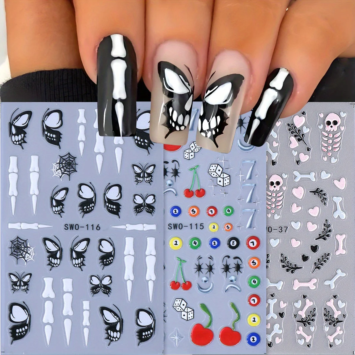 3 stuks zwart skelet vlinder nagelstickers gothic bot spinnenweb clown biljart kersen ontwerp halloween charme stickers manicure
