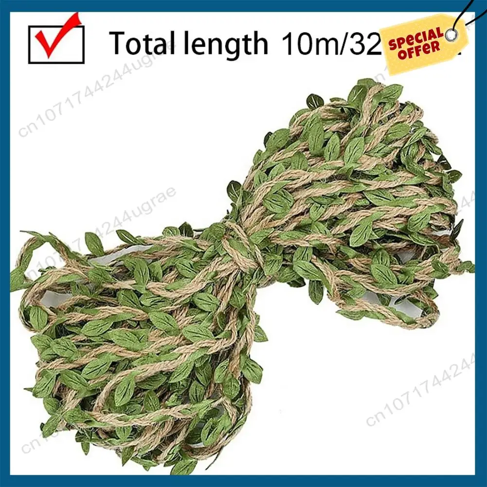 

-A15I Natural Jute Twine 5MM Hessian Twine With Artificial Leaves Jute Twine For DIY Gift Wrapping Wedding Garden (32.8FT)