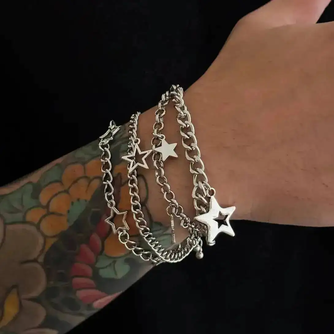 

IngeSight.Z 4Pcs/Set Hip Hop Punk Silver Color Hollow Pentagram Bracelet Men Trend Metal Chain Bracelet Couple Jewelry Accessory