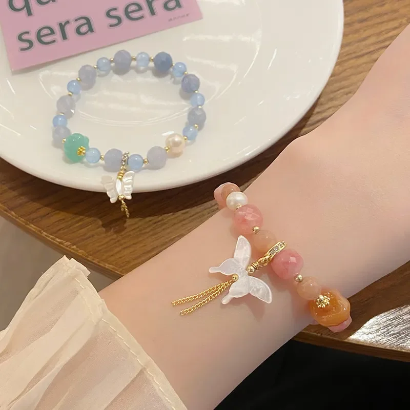 Mori Butterfly Realm~ Sweet and fresh ins princess style sea shell butterfly bracelet light luxury handmade aquamarine