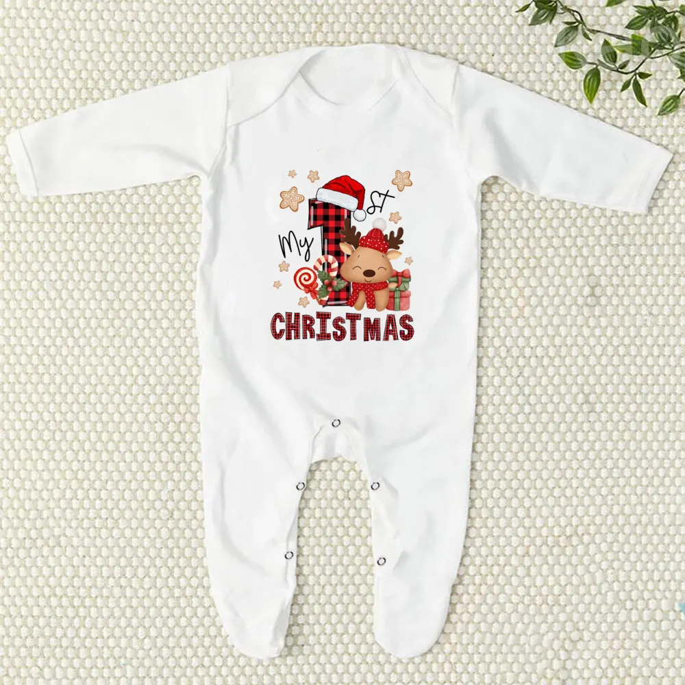 My 1st Christmas Printed Baby Babygrow Sleepsuit Newborn Bodysuit Xmas  Outfit Toddler Long Sleeve Romper Infant Baptism Clothes