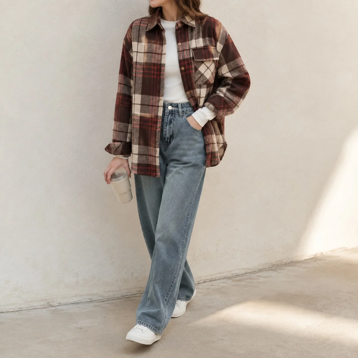 Plaid Loose Fit Shirt with Midi Length Elegant Professional Women Blouse Long Sleeve No Stretch Wrinkle Resistant Finish