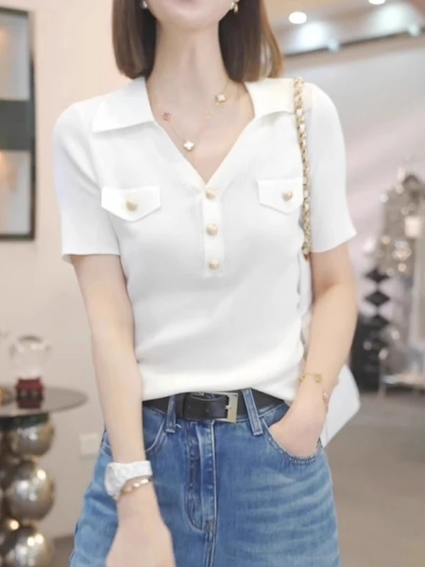 

plus Size f Open Ne Knitted ort Sve T-irt Women Summer New Sle Thin Ice Silk Slimming Top Korean Sle Commute