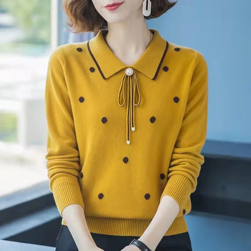 Women Autumn Simplicity Loose Elegant Solid Color Turn-down Collar Long Sleeve Knitwear Ladies All-match Trend Knitting Tops