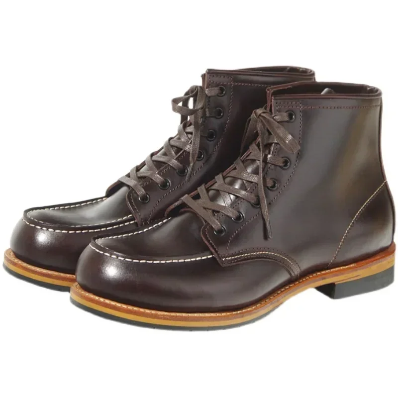 Goodyear-Handmade Toe Layer Cowhide Square Toe Workwear Boots High Tube Retro Motorcycle Lace Up Leather Men's Shoes view 5