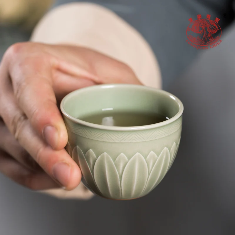 Longquan Celadon Master Cup Single Cup Ceramic Chinese High-End Tea Cup Kung Fu Tea Cup Hu Jianyong Handmade Tea Cup