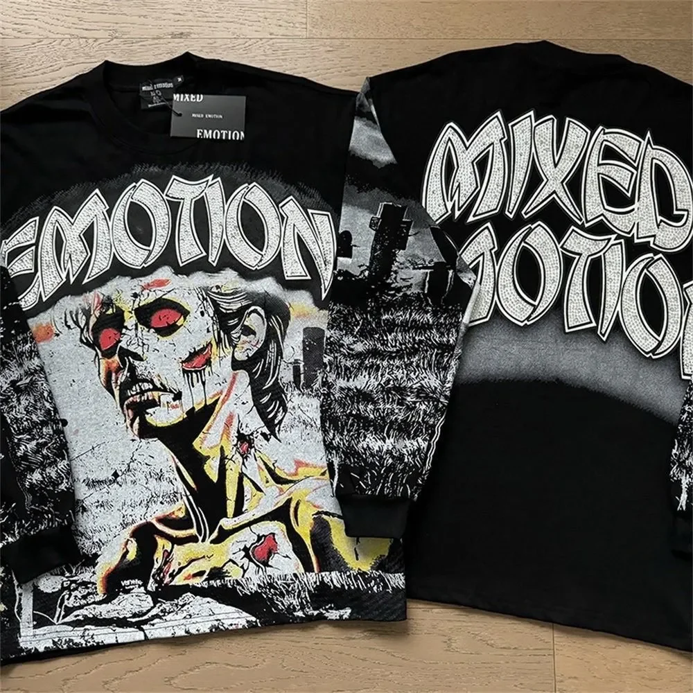 High Quality Designer MIXED-EMOTION Long sleeved T-shirt 100% cotton men's and women's Vintage Printed High Street Trendy Fashion Hip Hop T-shirt hoodie sweatshirt Pullover image 4