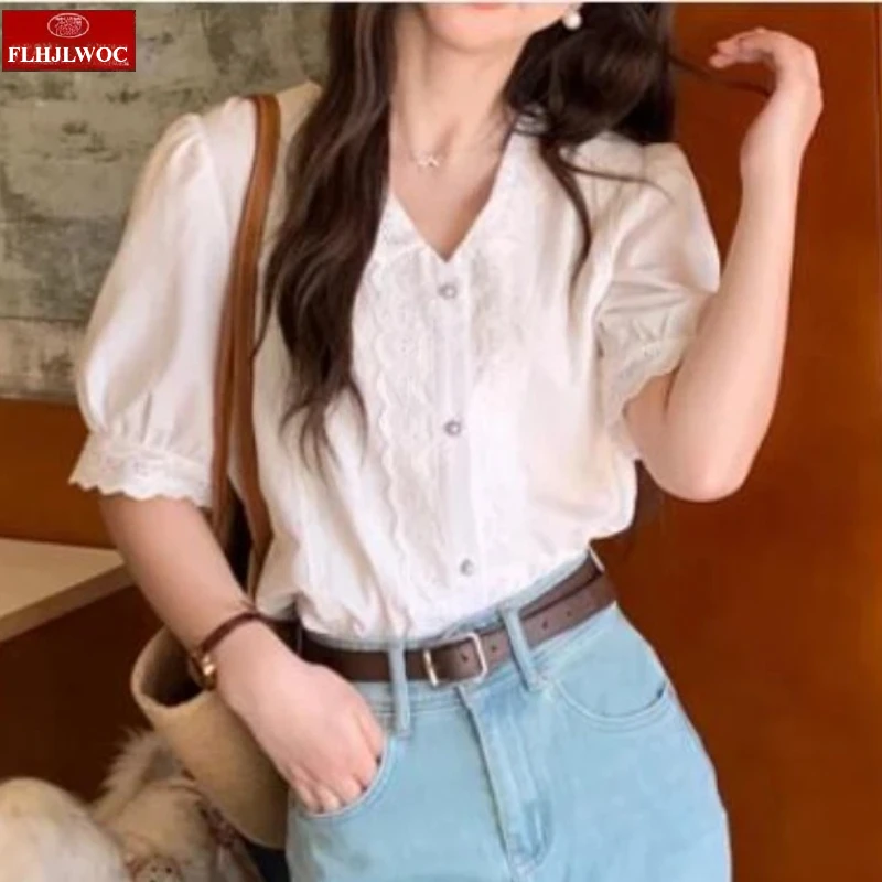 

2025 New French Style Cotton White Lace Tops Blouses Cute Girls Office Lady Single-Breasted Button Shirts Chic Korea Clothes