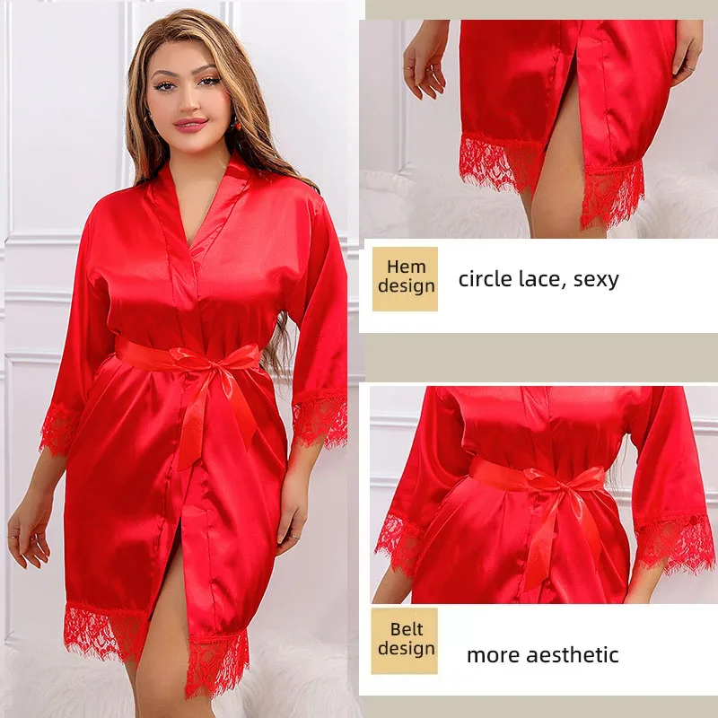 Women Ice Silk Pajamas Robes Sleepwear Nightgowns Nightdress Red Black L XL Lace Smooth Soft Comfortable Casual Pure Color