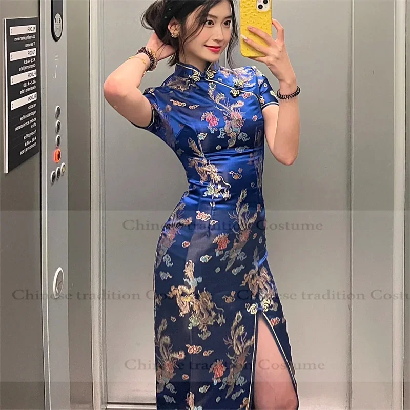 

Traditional Dragon and Phoenix Chinese Qipao Dress Vintage Asia Style Dresses Short Sleeve Chesongam Sexy Vestidos Party Gown