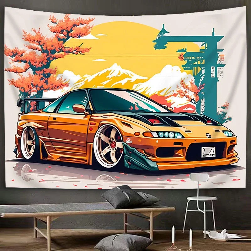 VIKAMA JDM Sports Car Fuji Sakura Tapestry Wall Hanging, 6 Designs, Wall Decor for Bedroom Living Room Dorm