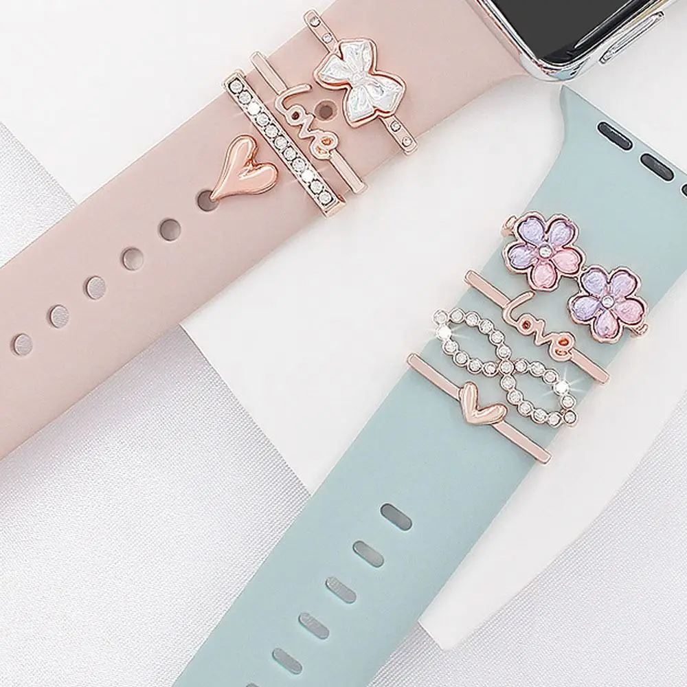 Metal Watch Band Ornament Heart-shaped Flower Wristbelt Charms Decorative Tool Fashion Decorative Ring for Apple Watch Band