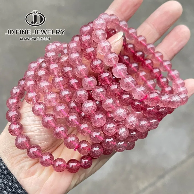 JD 3A Natural Brazil Strawberry Quartz Bracelets Women Fashion Red Crystal Clear Round Beads Lovers Strand Bangles Jewelry