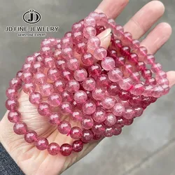 JD 3A Natural Brazil Strawberry Quartz Bracelets Women Fashion Red Crystal Clear Round Beads Lovers Strand Bangles Jewelry