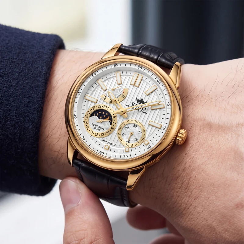 Luxurious Men's Mechanical Wristwatch, with a Rounded and Elegant Case, Multifunctional Sub-Dial Design, Beautiful Moon Phase and Star Display, Textured Leather Strap, Stable Timekeeping, Waterproof and Luminous, a Mat