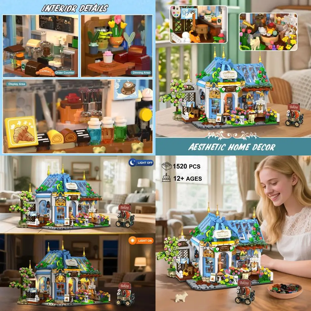 طقم بناء مقهى LED نباتي، 1520 قطعة نموذج معماري زهور للمنزل، هدية للأعمار من 12 عامًا فما فوق