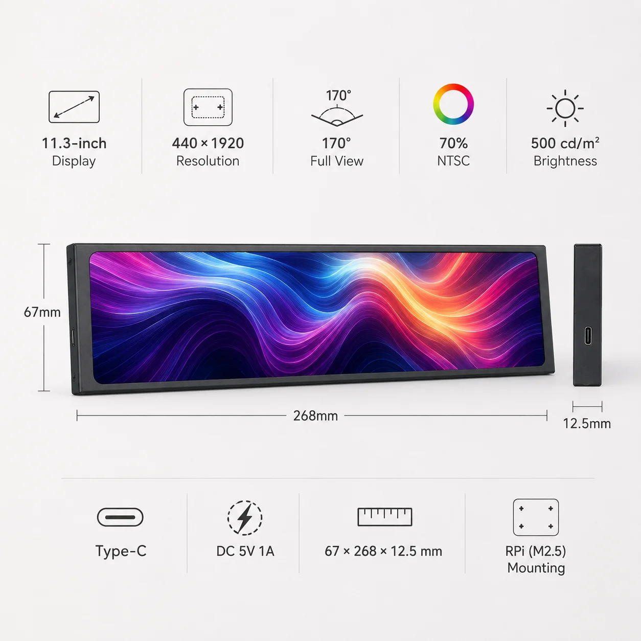 LESOWN 11.3 Inch Ultra-wide Mobile Screen 440x1920 Extended Monitor Instant Connection Slim Display for Laptop