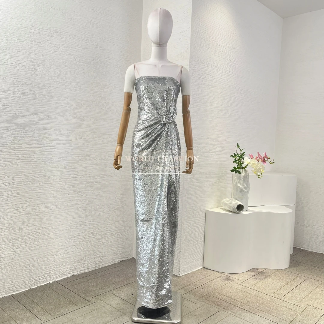 

2025 Women's Fashion Silver Sequin Sleeveless High Slit Maxi Dress