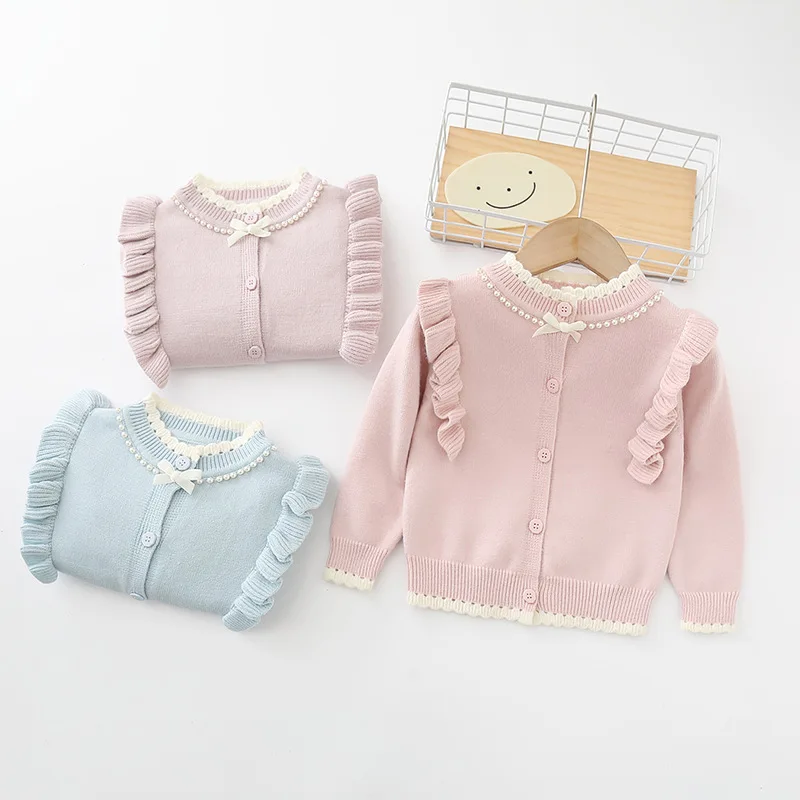 2024 Spring Autumn Baby Girls Knitted Jacket Fashion Casual Ruffles Outwear Long Sleeve Cardigan Tops Bow-knot Sweaters HY07161