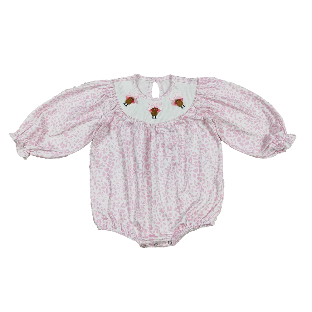 

8.30 Baby Winter Rompers Baby Infant Girls Pink Flowers Thanksgiving Turkey Smocked Rompers