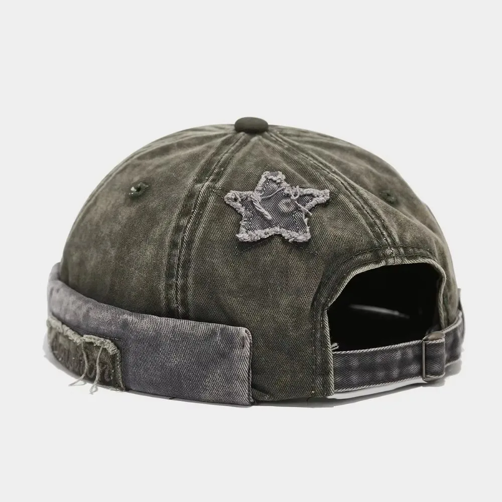 Casual Adjustable Washed Landlord Cap Cotton Solid Color Brimless Melon Hat Star Splicing Letter Docker Beanie Outdoor