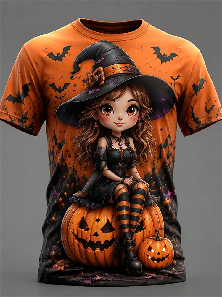 2026 Women's Halloween T-Shirt Retro Witch Pumpkin and Bat Print Casual Short-Sleeve Round-Neck Loose-Fitting Holiday Top