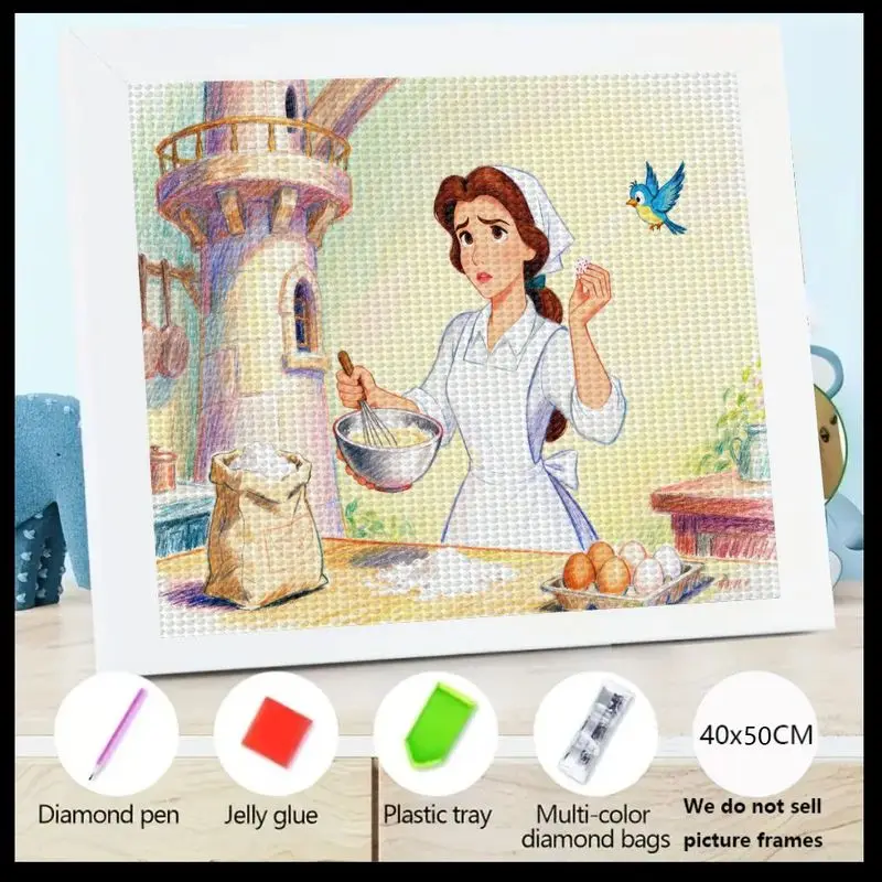 

1PC Disney Princess Belle 5D Diamond Painting Kit, Full Drill DIY Beauty and the Beast Belle in Kitchen Baking Scene, Crystal Rh