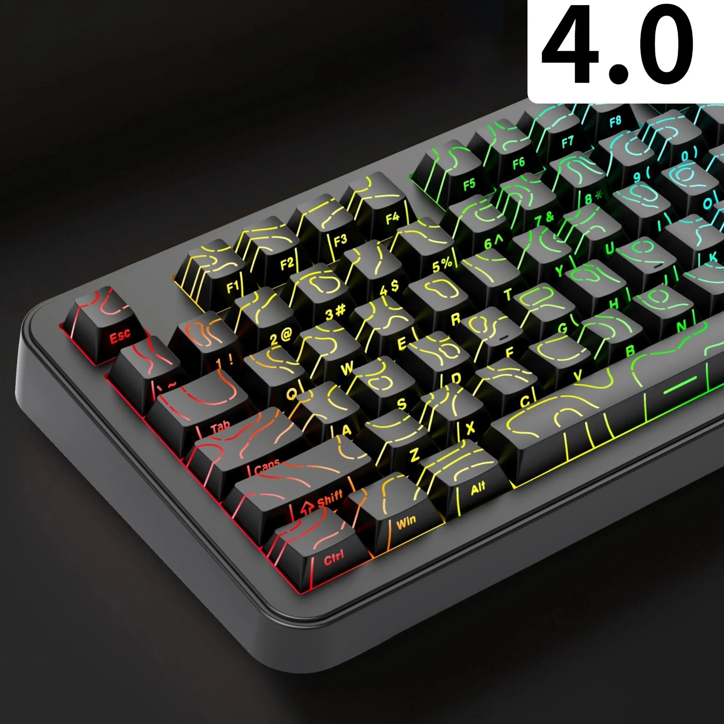 134-Tasten-Double-Shot-PBT-Tastenkappe, schwarz, Topographic 4.0, seitlich beleuchtete RGB-Tastenkappen mit Hintergrundbeleuchtung, Kirschprofil für MX-Switches, Gaming-Tastatur