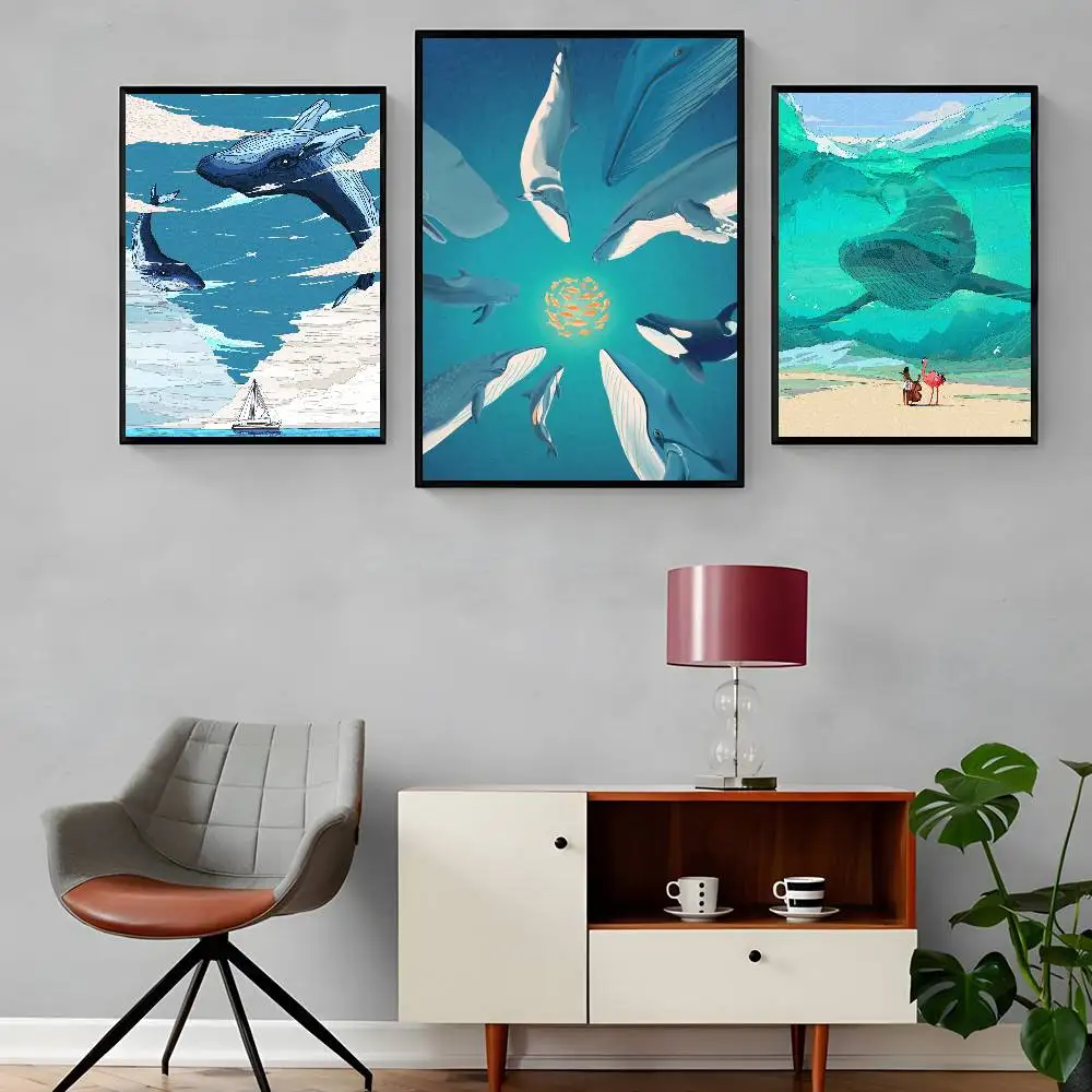 Ocean Whale Shark Swimming Poster Self-adhesive Art Waterproof Paper Sticker Coffee House Bar Room Wall Decor