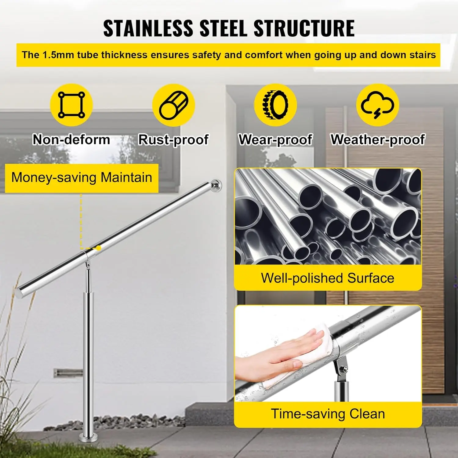 Step Handrail 304 Stainless Steel Stair Railing 3-4 Step for Indoor and Outdoor Adjustable Metal Hand Rails for Steps