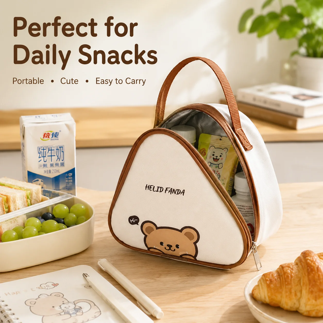 Student Daily Mini Handheld Breakfast Bag Bear Family Cartoon Pattern Thickened Thermal Insulated Lunch Tote Bag