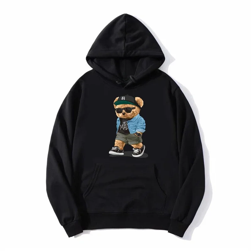 

Hip Hop Tops Casual Cotton Pullover Unisex Coat Casual Hoodie Get Mad Bad Mood Walking Silent Teddy Bear Men Sweatshirt