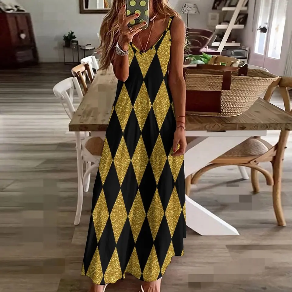 Black and Gold Harlequin Sleeveless Dress clothes for woman elegant guest  wedding dress dresses with long sleeves fairy dress - AliExpress 200000345