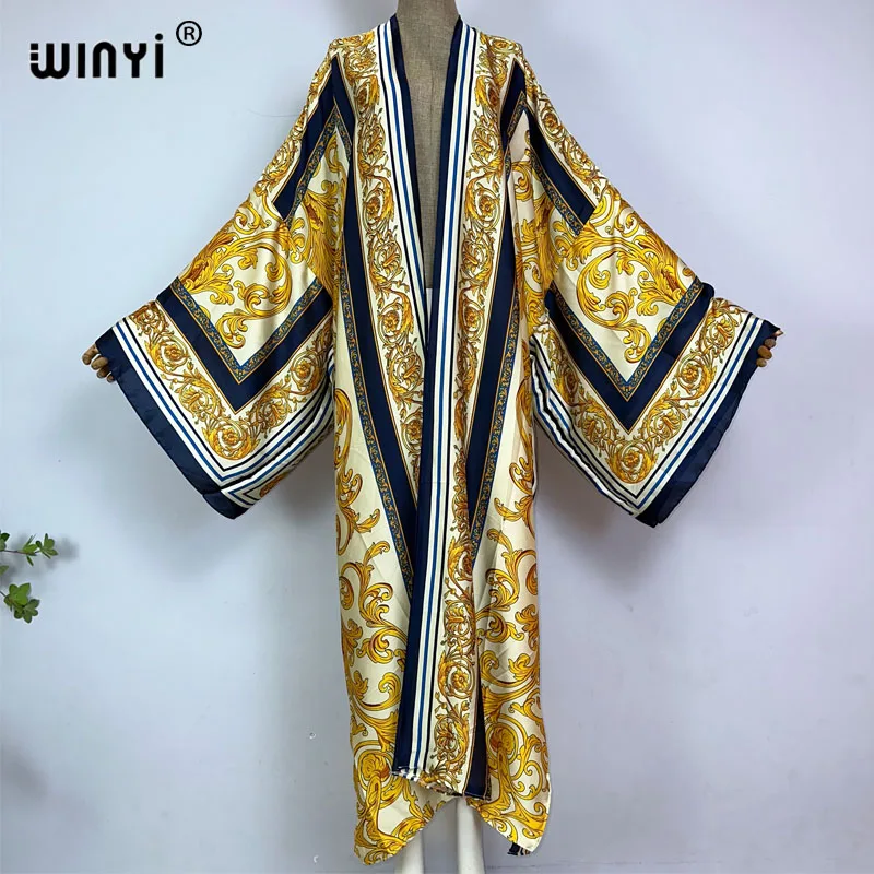 WINYI kimono afryka lato boho nadruk osłona do bikini elegancki modny sweter seksowny wakacyjny długi rękaw jedwabna sukienka maxi