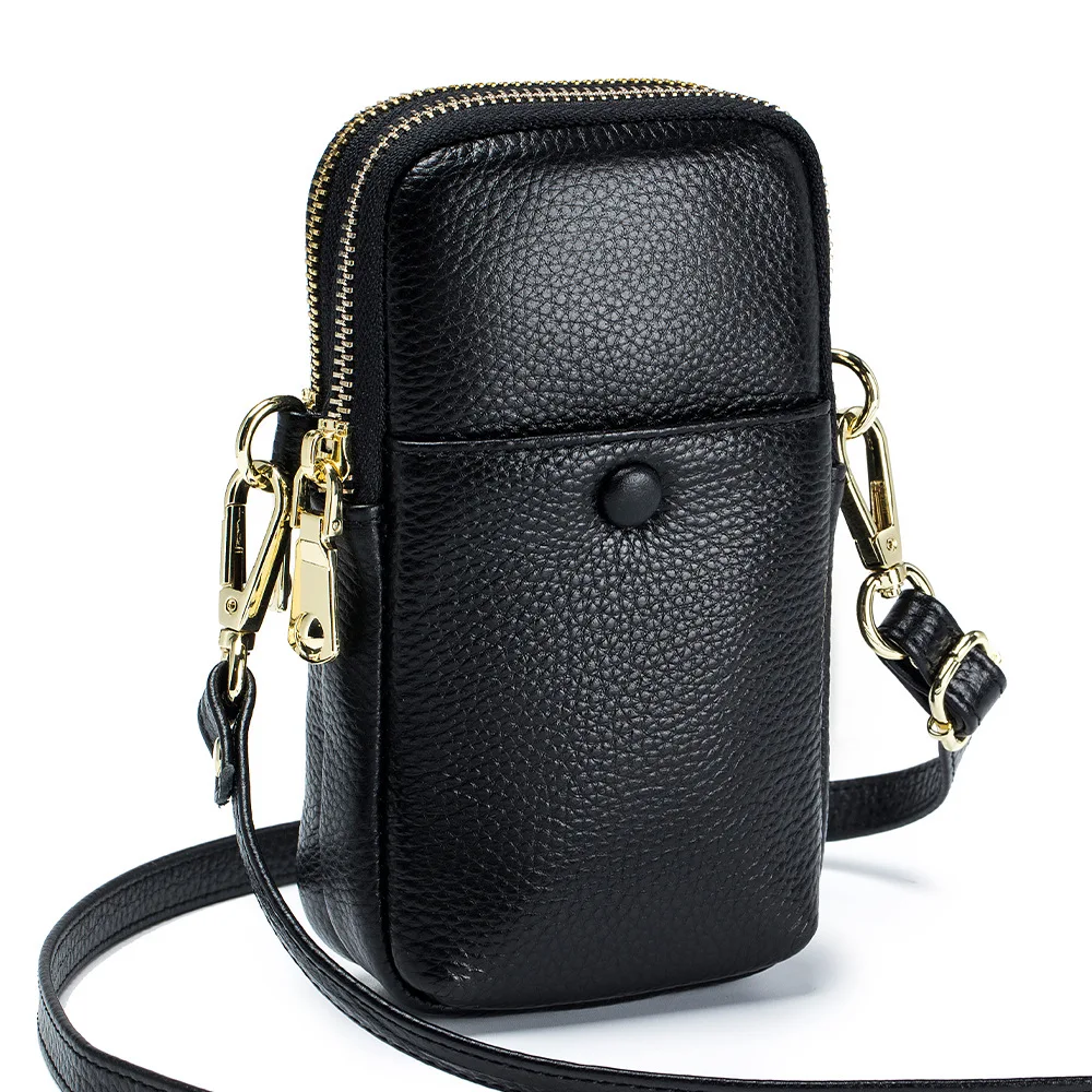 Mini Vertical Design Crossbody Female Bag Cow Leather Mobile Phone Bag Fashion Handbag Women Double Zipper Small Shoulder Bags