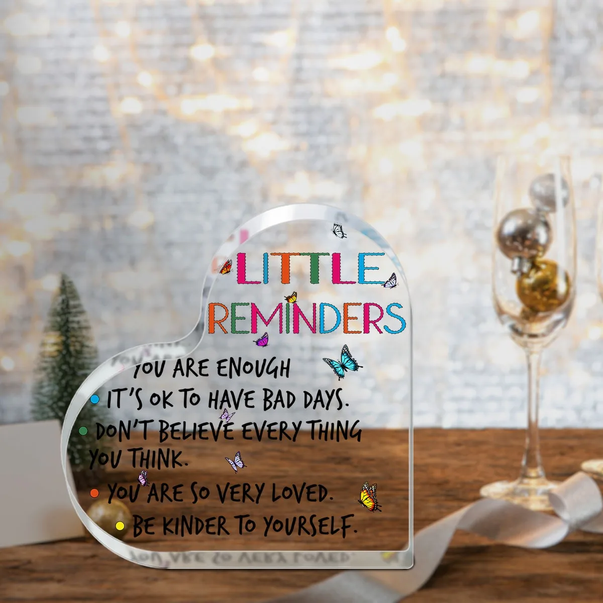 Colorful Butterfly Self Love Quote Acrylic Heart Table Sign Decor,Little Reminders Positive Affirmation Heart Shaped Acrylic Desk Plaque