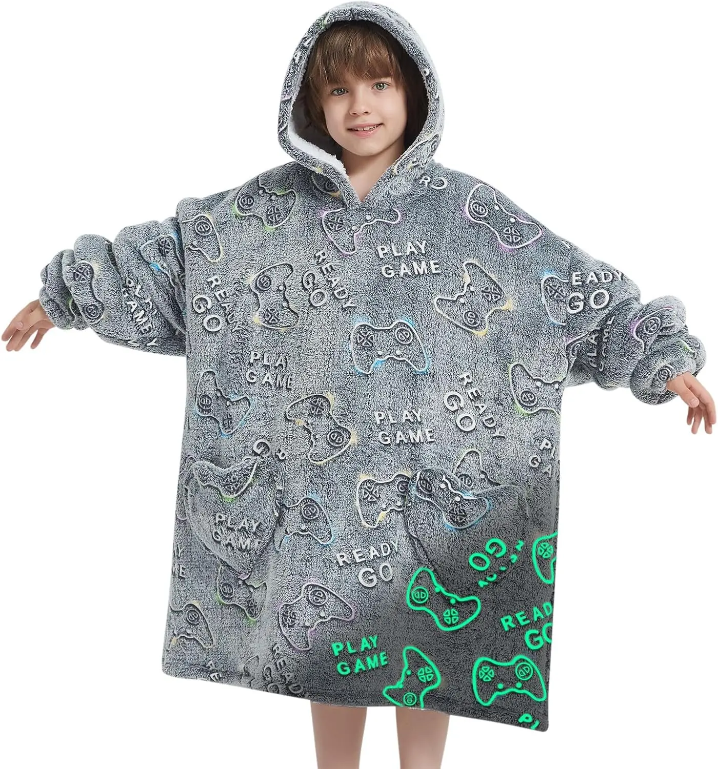 

Glow in the Dark Game Controller Blanket Hoodies for Kids 6-13YR Oversize Wearable Cozy