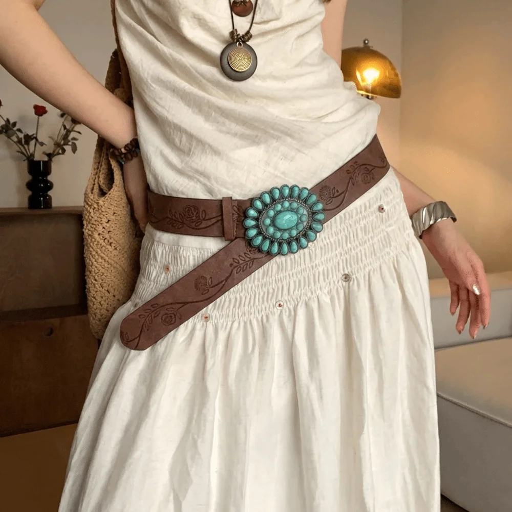 Adjustable Women's Western Bohemian belt Oval Turquoise Buckle Brown Embossed Waist Belt High-End Sense PU Dress Waistband