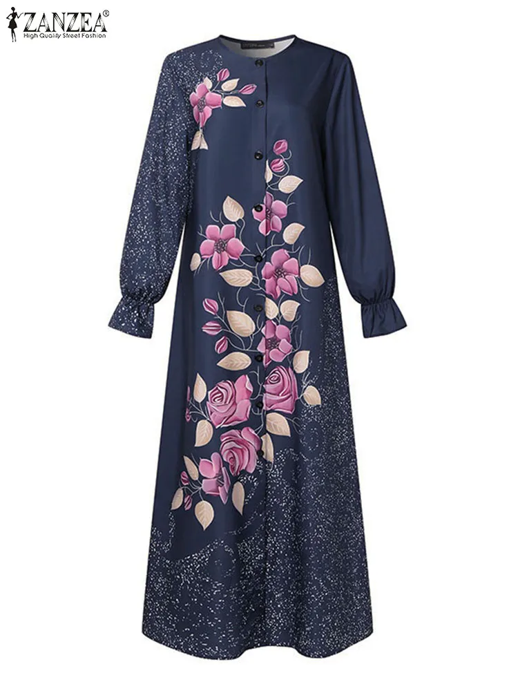 ZANZEA Bohemain Sundress Vintage Floral Printed Muslim Dress Abaya Women Long Sleeve Robe Elegant Long Vestidos IsIamic Clothing