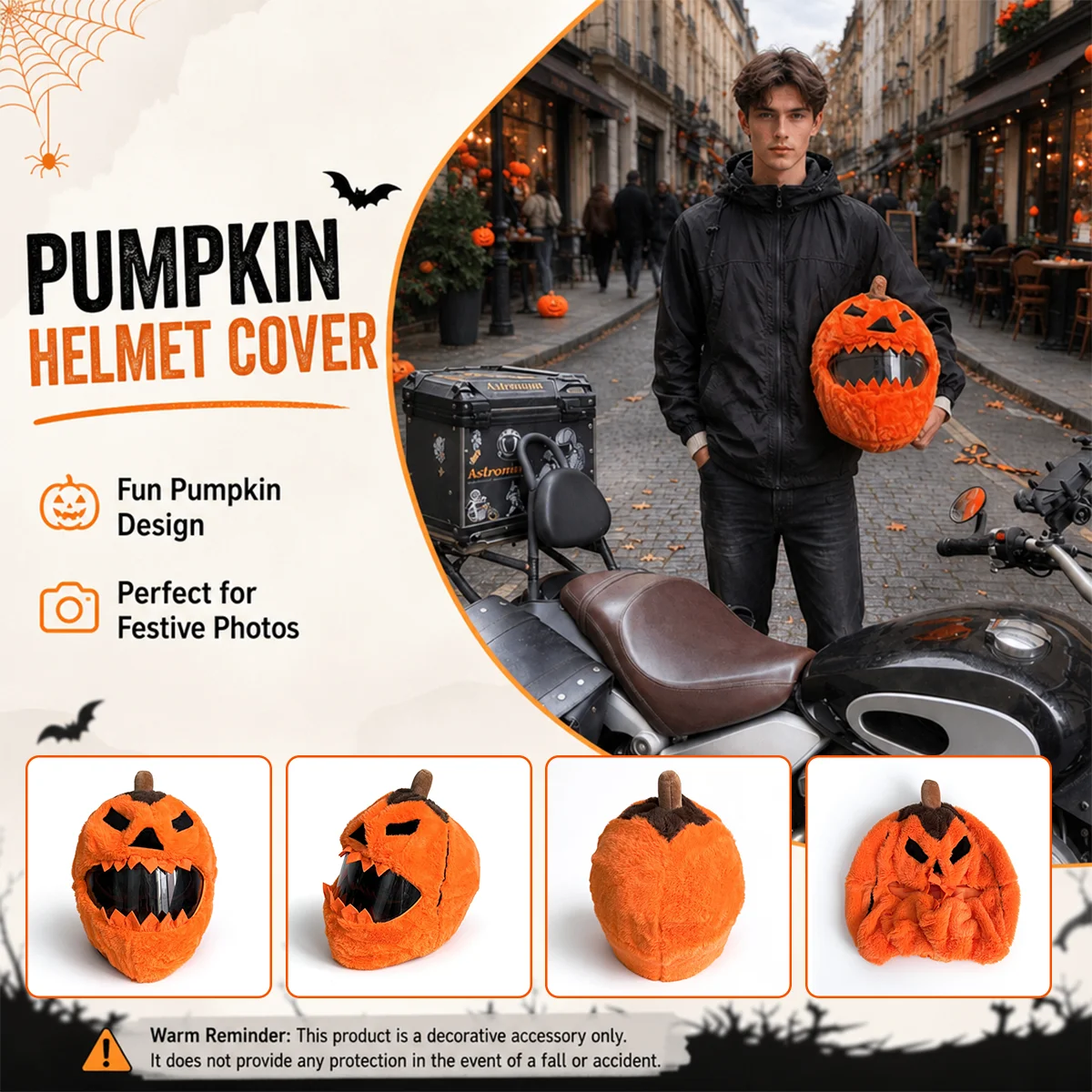 Halloween Pumpkin Motorcycle Helmet Cover, Plush Cartoon Full Face Helmet Decoration for Fun Rides, Costume Party Photo Props