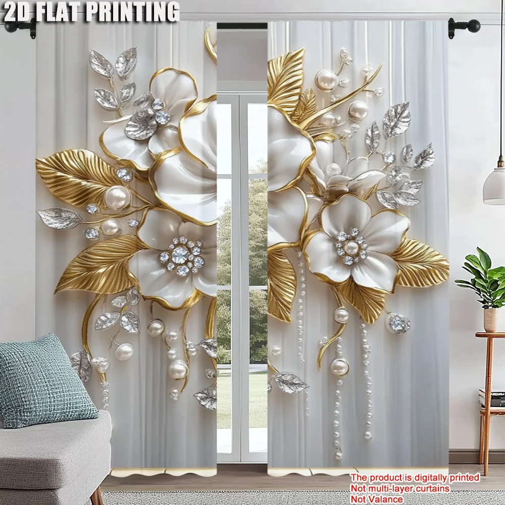 

2Pcs Floral Botanical Print Curtains Rod Hole Design Polyester Perfect For Living Room Bedroom Kitchen Elegant Home Decor