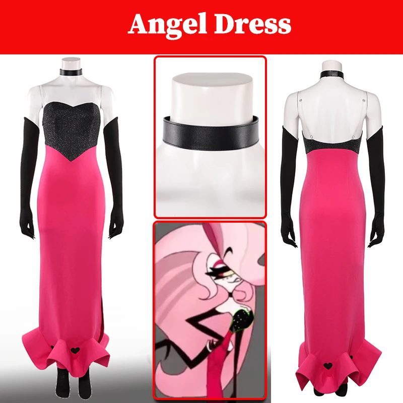 

Hazzbin Angel Dust косплей платье с блестками костюм женское розовое черное платье с перчатками ожерелье комплект Хэллоуин вечерние ролевые костюмы
