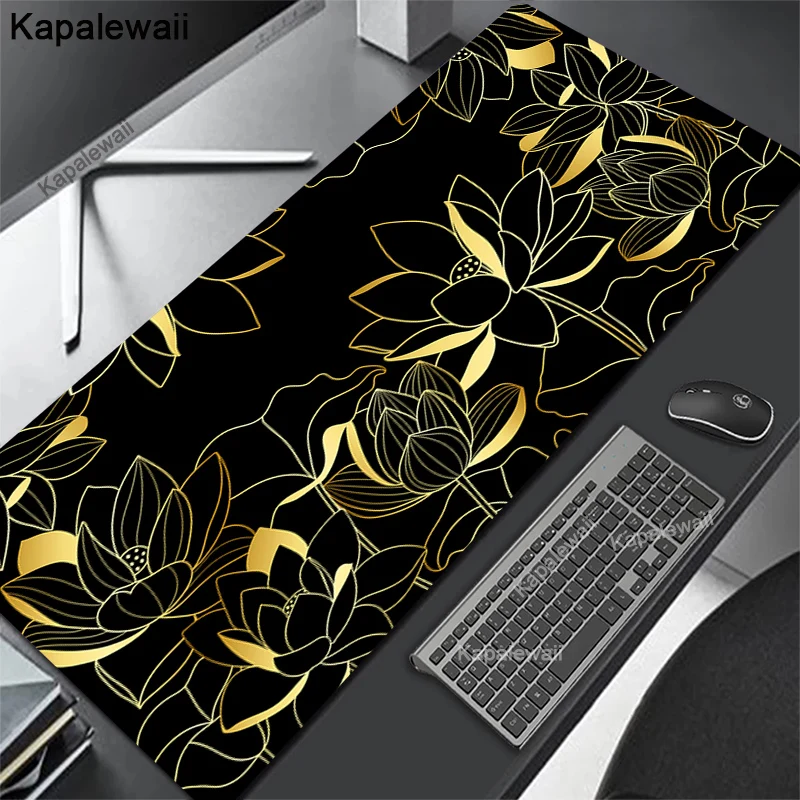 

Black Art Mousepad Lotus Flower Gaming Mouse Pads XXL 100x50cm Laptop Deskmat Office Gamer Carpet Long Computer Mause Mats Rugs