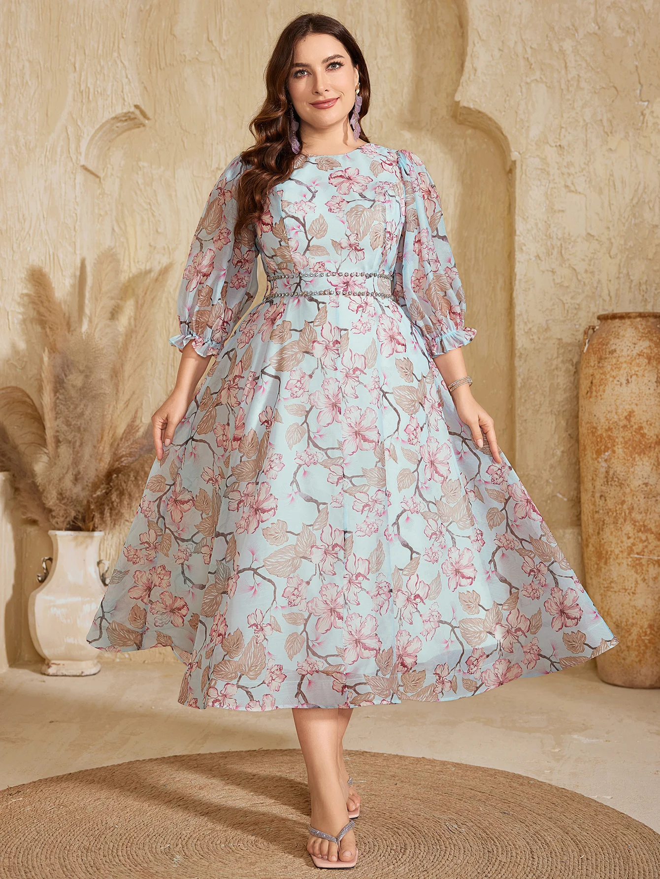 UNITHORSE – robe élégante en mousseline de soie, col rond, manches lanternes, imprimé Floral, avec perles à la taille, cravate, longueur au sol