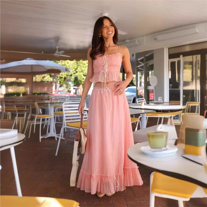 

Women Summer Y2k Long Skirts 2 Piece Outfits Patchwork Front Tie-Up Ruched Ruffle Camisoles Maxi Skirts Set